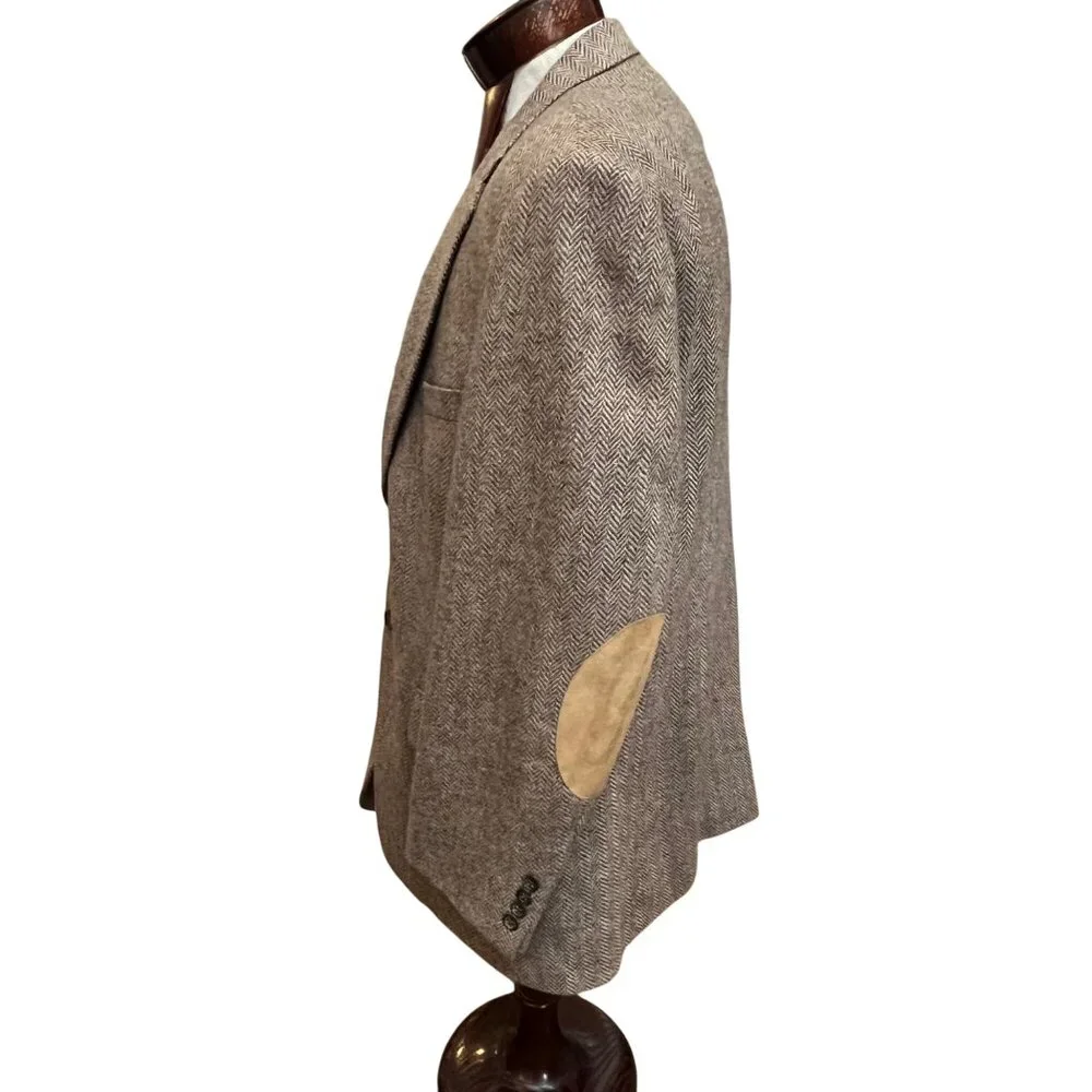 Stafford Mens 46R Herringbone Wool Blazer Jacket With‎ Elbow Patches Brown